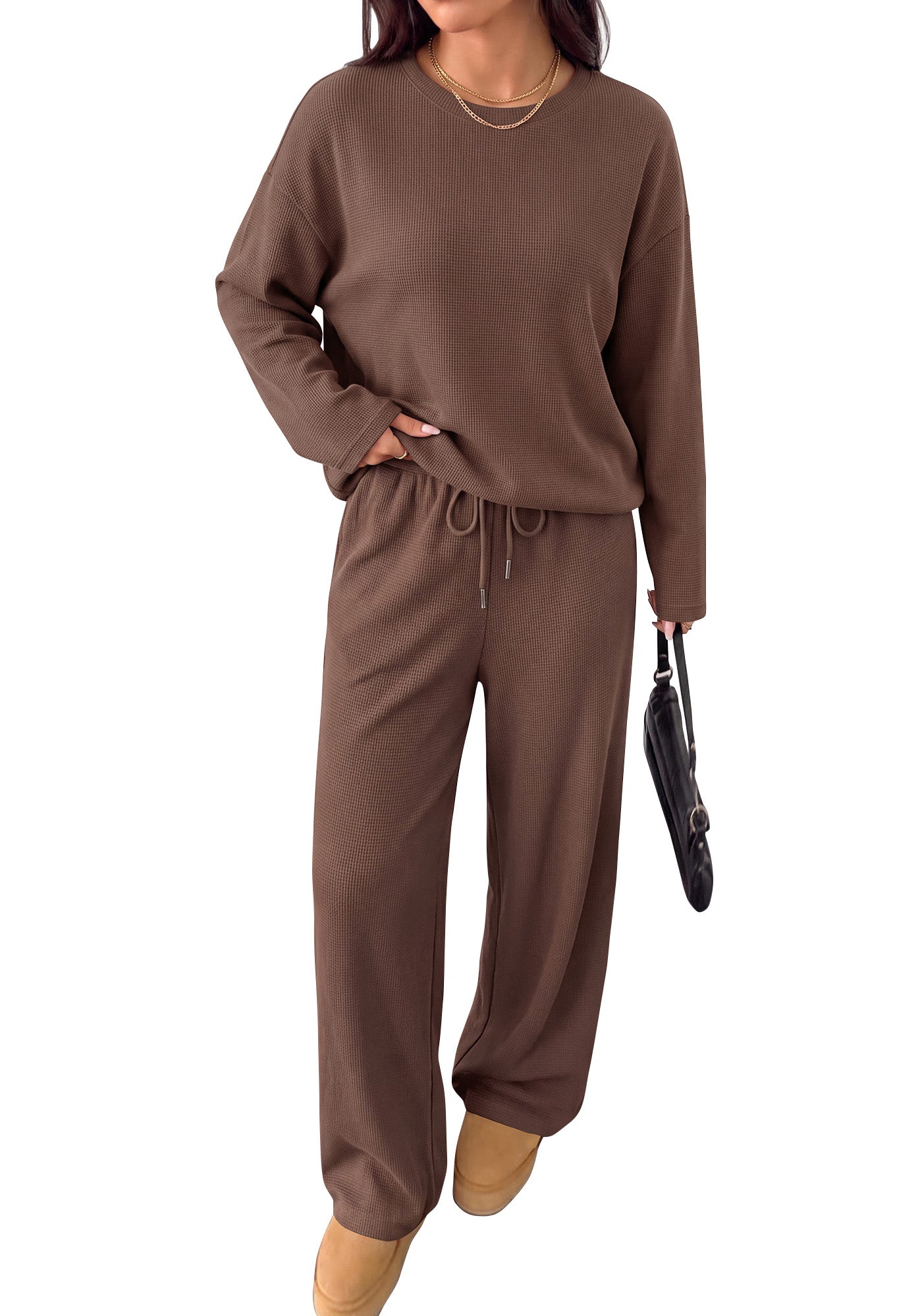 BTFBM 2 Piece Set Lounge Sets Fall Outfits For Women 2026  Casual,Long Sleeve,Solid,Drawstring,Wide Leg,Waffle Knit,Loose Fit,Tracksuit,Airport Outfits,2 Piece Outfit,Vacation