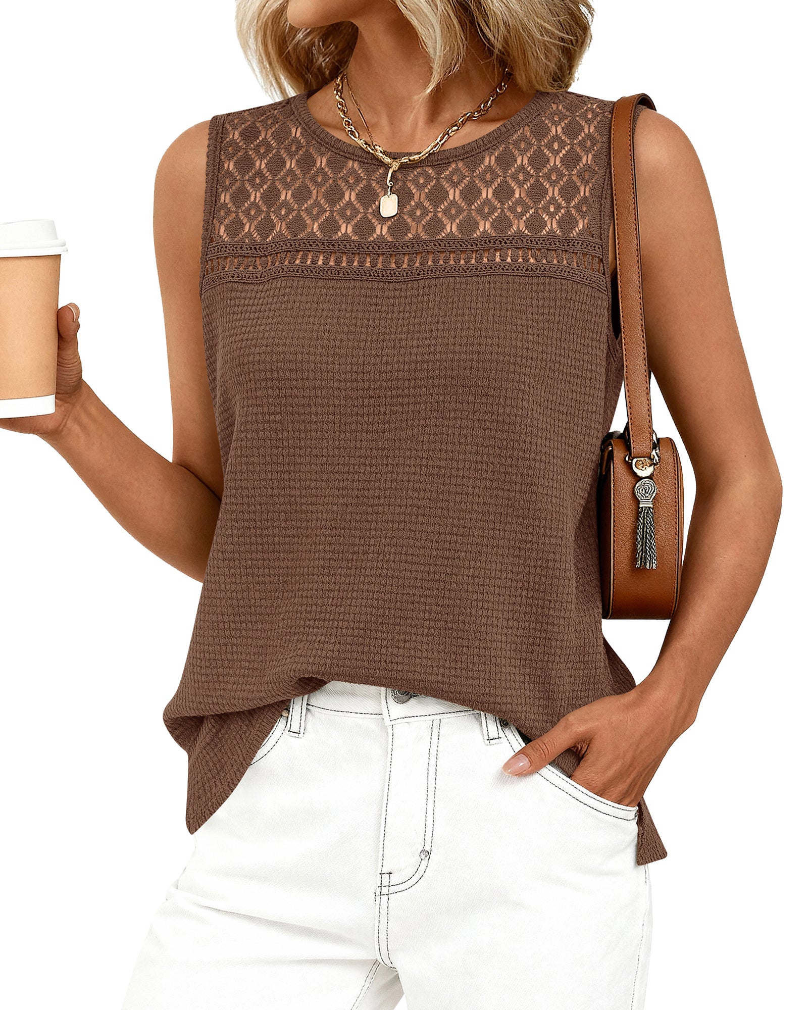 BTFBM Tank Top for Women 2026 Sleeveless Shirts Waffle Knit Vest Crew Neck Casual Outfits Loose Blouses Summer Tops