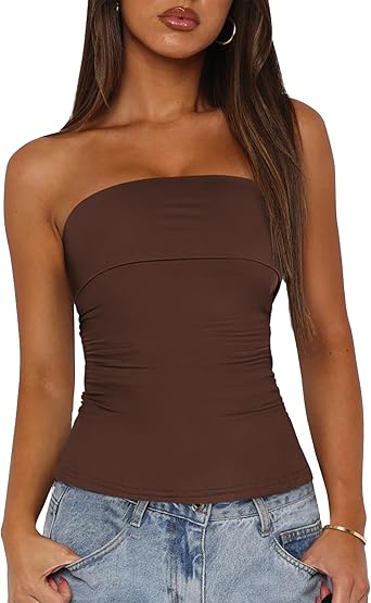 BTFBM Womens Strapless Tube Tops Spring Summer Clothes 2026 Trendy Casual Ruched Stretchy Going Out Bodycon Bandeau Top