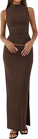 BTFBM Womens Two Piece Outfits Summer Lightweight 2026 Mock Neck Sleeveless Knit Tops Maxi Skirt Set Going Out Dress