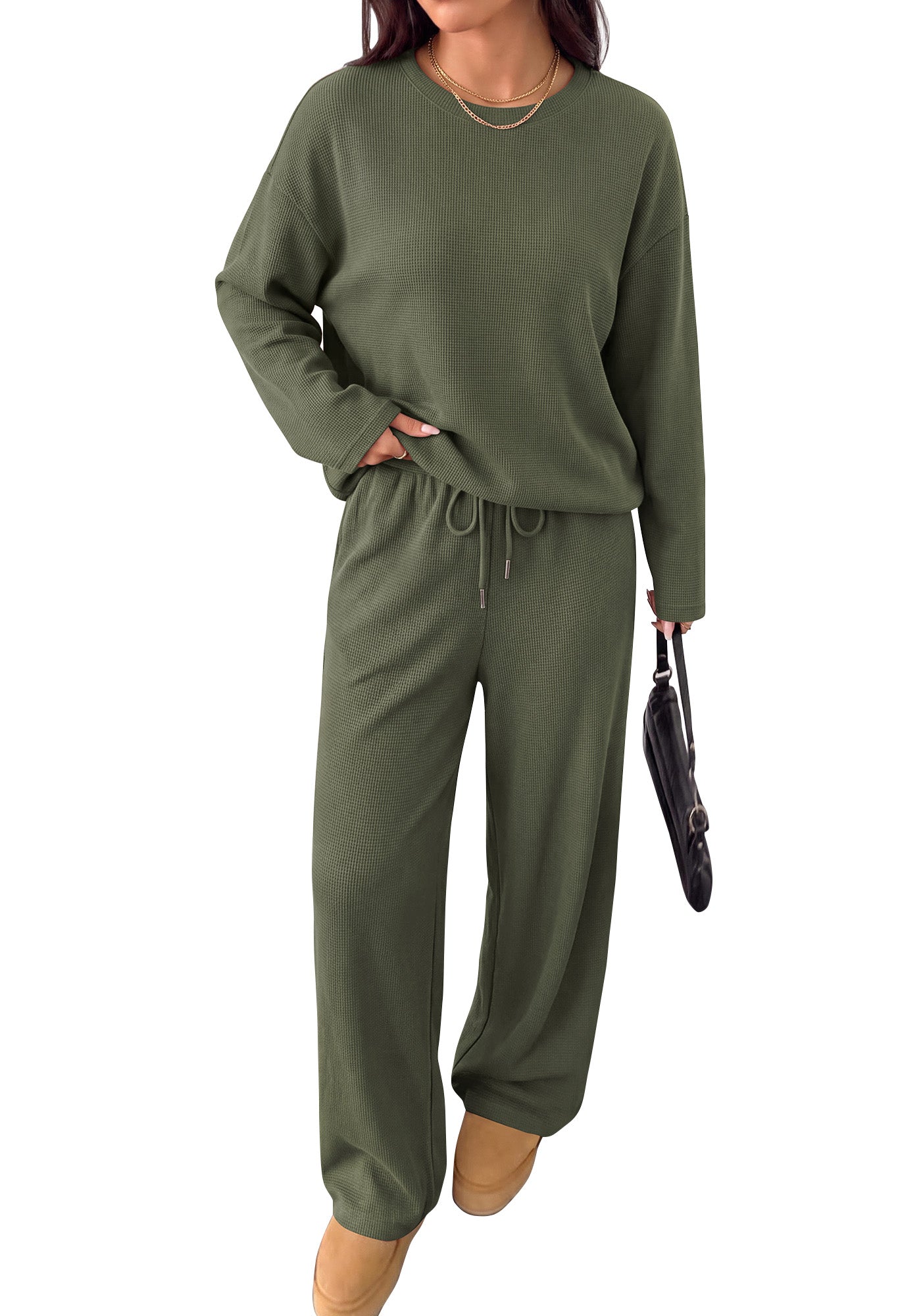 BTFBM 2 Piece Set Lounge Sets Fall Outfits For Women 2026  Casual,Long Sleeve,Solid,Drawstring,Wide Leg,Waffle Knit,Loose Fit,Tracksuit,Airport Outfits,2 Piece Outfit,Vacation