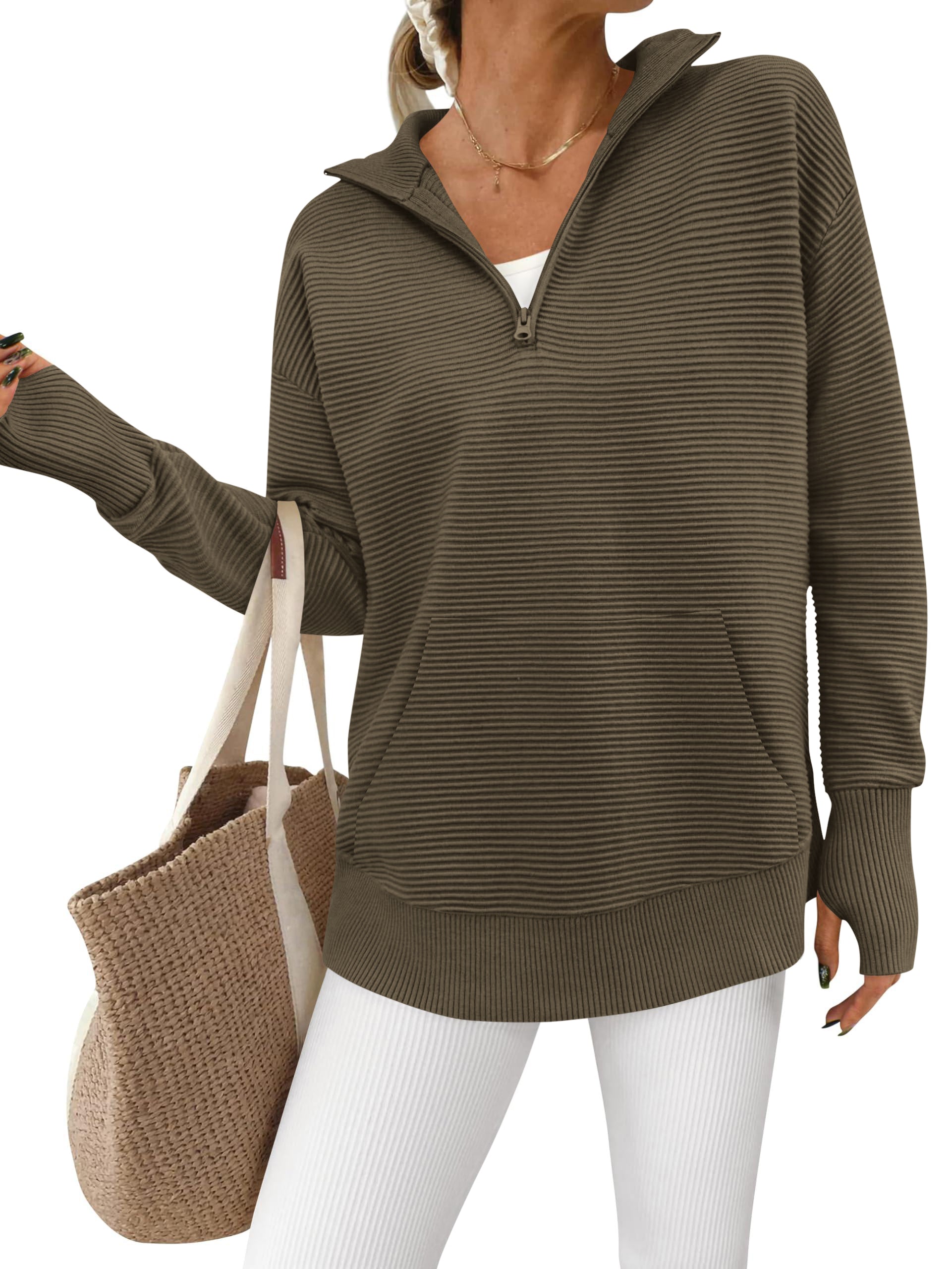 BTFBM Sweaters for Women Fall Clothes 2026 Pocket Quarter Zip Pullover V Neck Long Sleeve Knit Trendy Winter Sweater