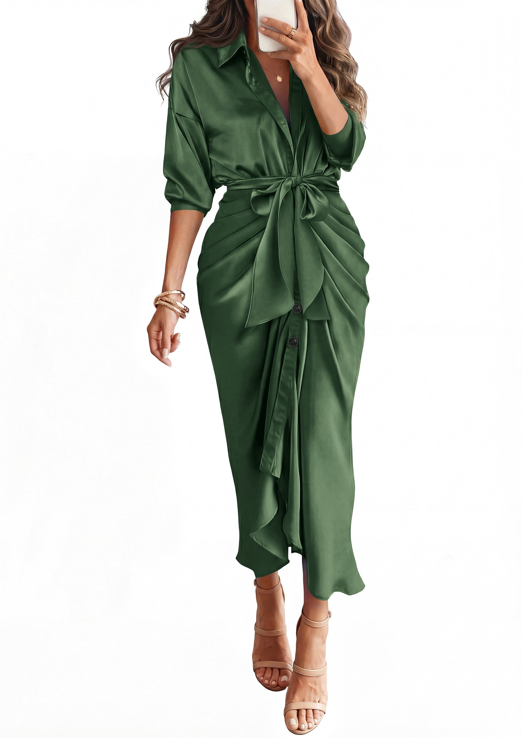 BTFBM Summer Dresses for Women 2026 Long Sleeve V Neck Button Down Elegant Belted Ruched Satin Silk Shirt Fall Dress