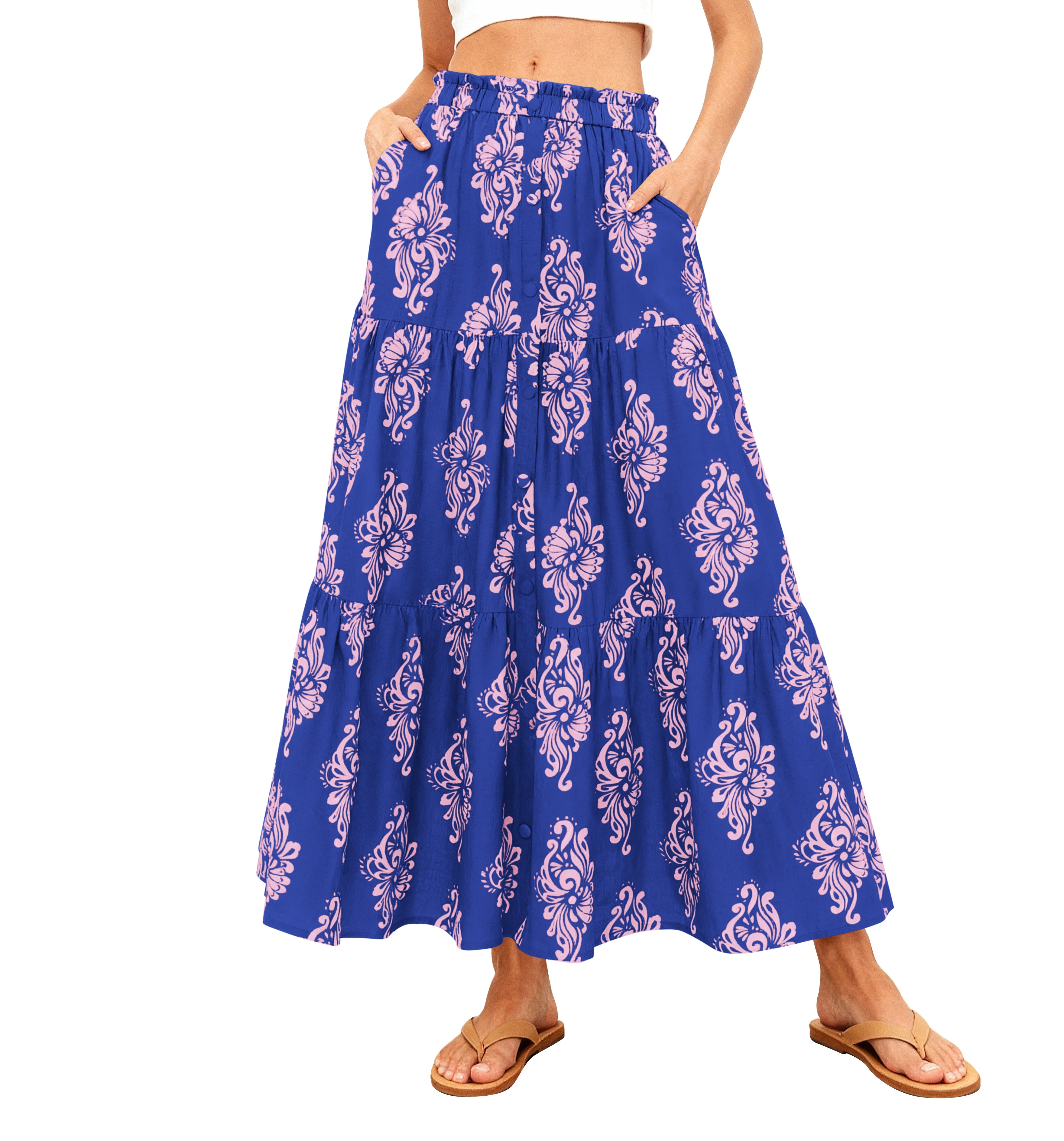BTFBM Long Skirts for Women Summer 2026 Elastic High Waist Flowy A Line Casual Boho Tiered Floral Maxi Skirt Pockets