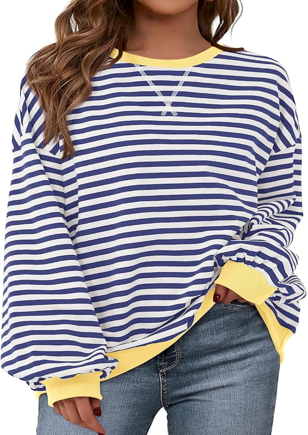 BTFBM Sweatshirt For Women 2026 Summer Crewneck Long Sleeve Oversized Striped Pullover Tops Y2K Clothes Workout Shirt