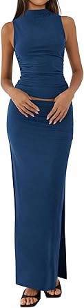 BTFBM Womens Two Piece Outfits Summer Lightweight 2026 Mock Neck Sleeveless Knit Tops Maxi Skirt Set Going Out Dress