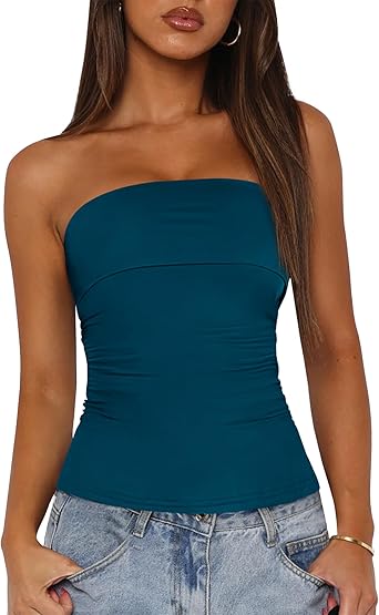 BTFBM Womens Strapless Tube Tops Spring Summer Clothes 2026 Trendy Casual Ruched Stretchy Going Out Bodycon Bandeau Top