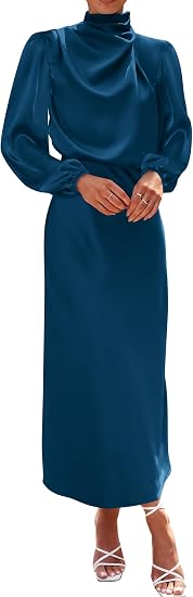 BTFBM Dresses Women Mock Neck Long Sleeve Satin Maxi Dress  Lightweight,Elastic High Waist And Cuffs,Pleated,Back Keyhole Buttons,Formal Wedding Party Cocktail Dress,Fall Outfits