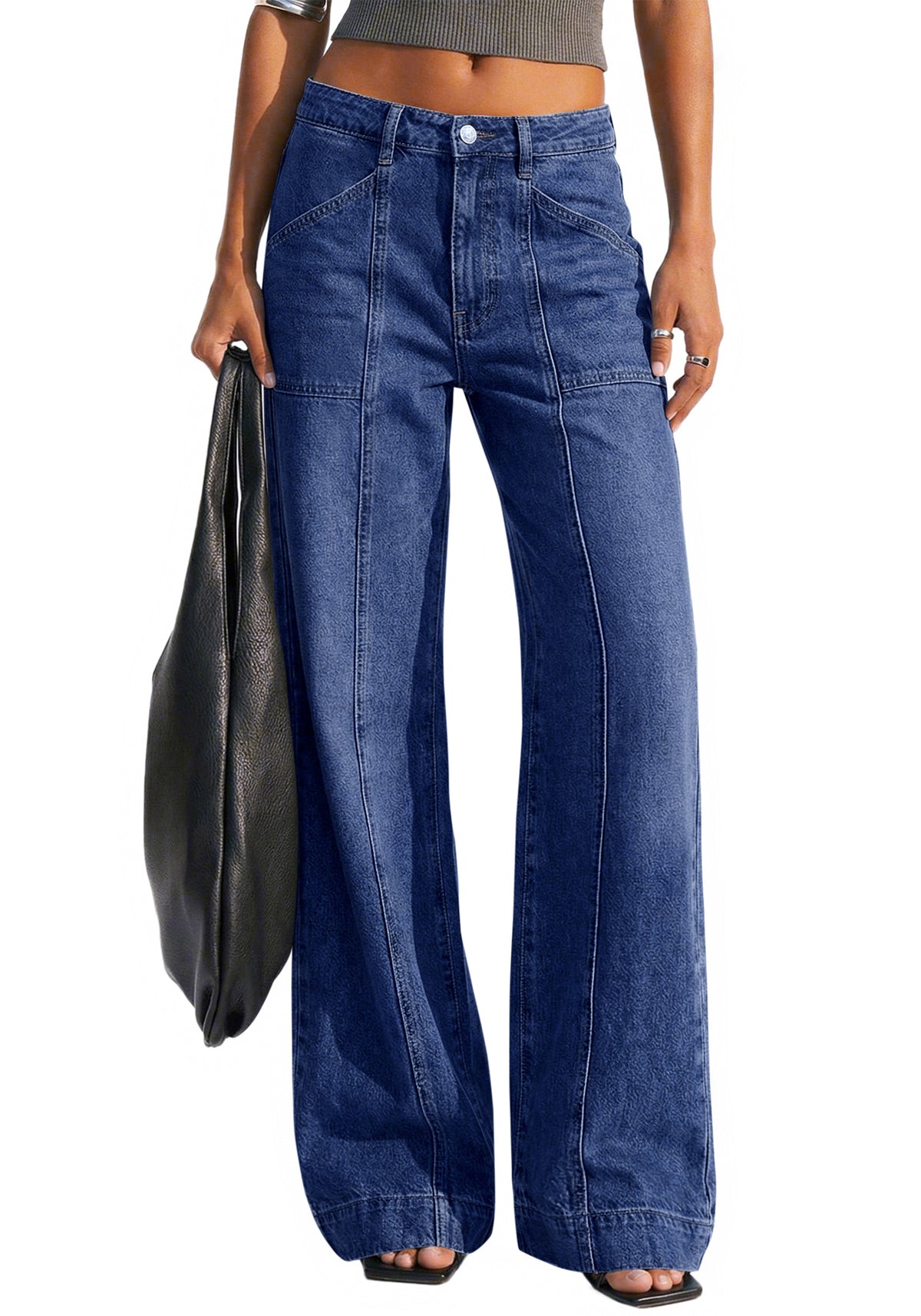 BTFBM Women's Wide Leg Jeans High Waisted Stretchy Straight Leg Baggy Jeans Trendy Front Seam Loose Denim Pants Pockets