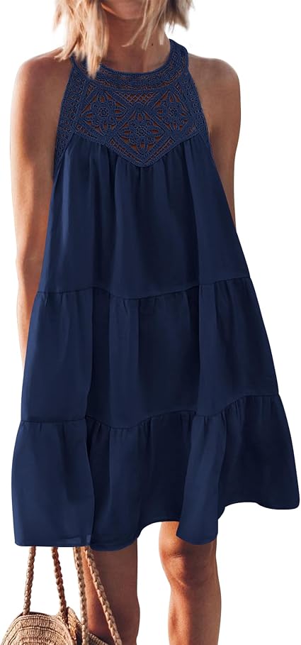 BTFBM Summer Dress for Women 2026 Spring Boho Fashion Halter Neck Sleeveless Loose A-Line Mini Beach Vacation Sundress