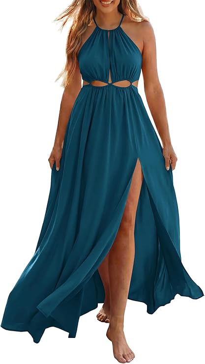 BTFBM Women Halter Summer Dresses 2026 Sleeveless Cutout Backless Sundress Slit Boho Maxi Beach Wedding Guest Dress