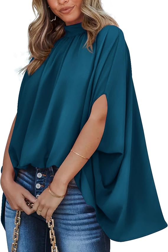 BTFBM Womens Summer Tops 2026 Mock Neck Batwing Sleeve Silk Satin Shirts Loose Oversized Dressy Casual Spring Blouses