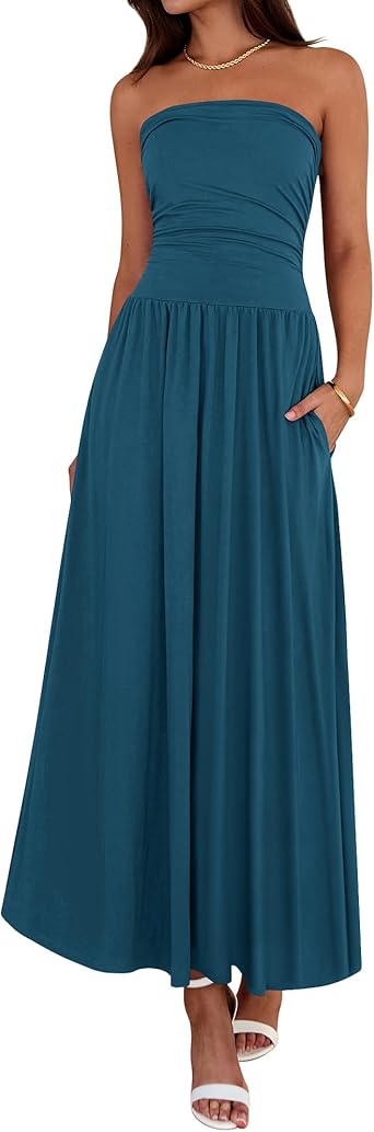 BTFBM Summer Maxi Dresses for Women 2026 Strapless Ruched Tube Top Beach Vacation Spring Wedding Guest Dress Pockets