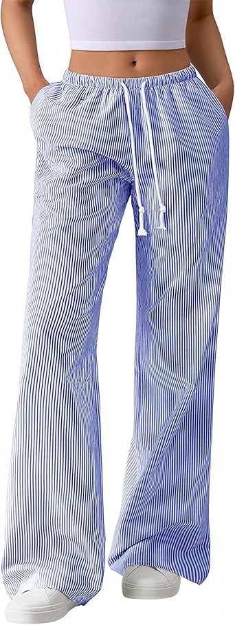 BTFBM Striped Wide Leg Pants for Women Spring Summer 2026 Drawstring Lounge PJ Beach Bottoms Casual Trousers Pockets