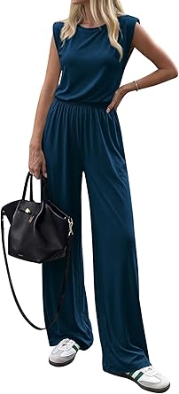 BTFBM 2 Piece Sets for Women Spring 2026 Casual Shoulder Pad Tank Top Wide Leg Pants Matching Set Travel Airport Outfits