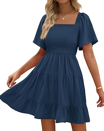BTFBM Womens Summer Smocked Mini Dress Spring Square Neck Flutter Sleeve Casual Ruffle Swing Boho Beach Dresses Pockets