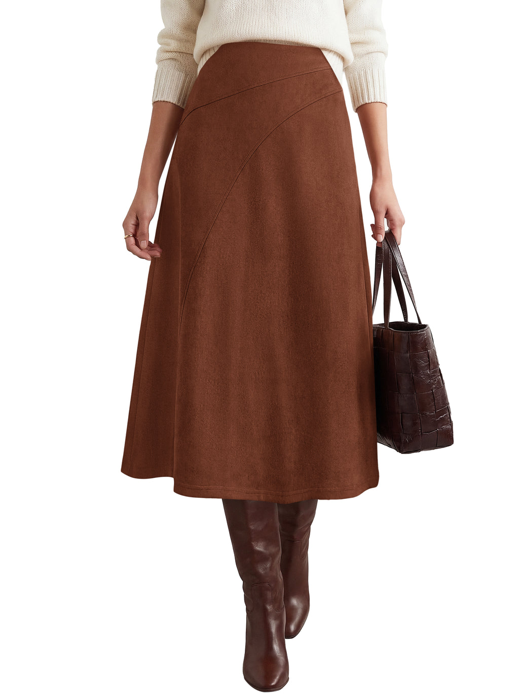 BTFBM Women Faux Suede Midi Long Skirt Fall Fashion 2026 | High Waisted Skirts For Women Trendy, Lightweight, Back Elastic, Arc Line Design, A-Line, Winter Dress, Boho Western Outfits