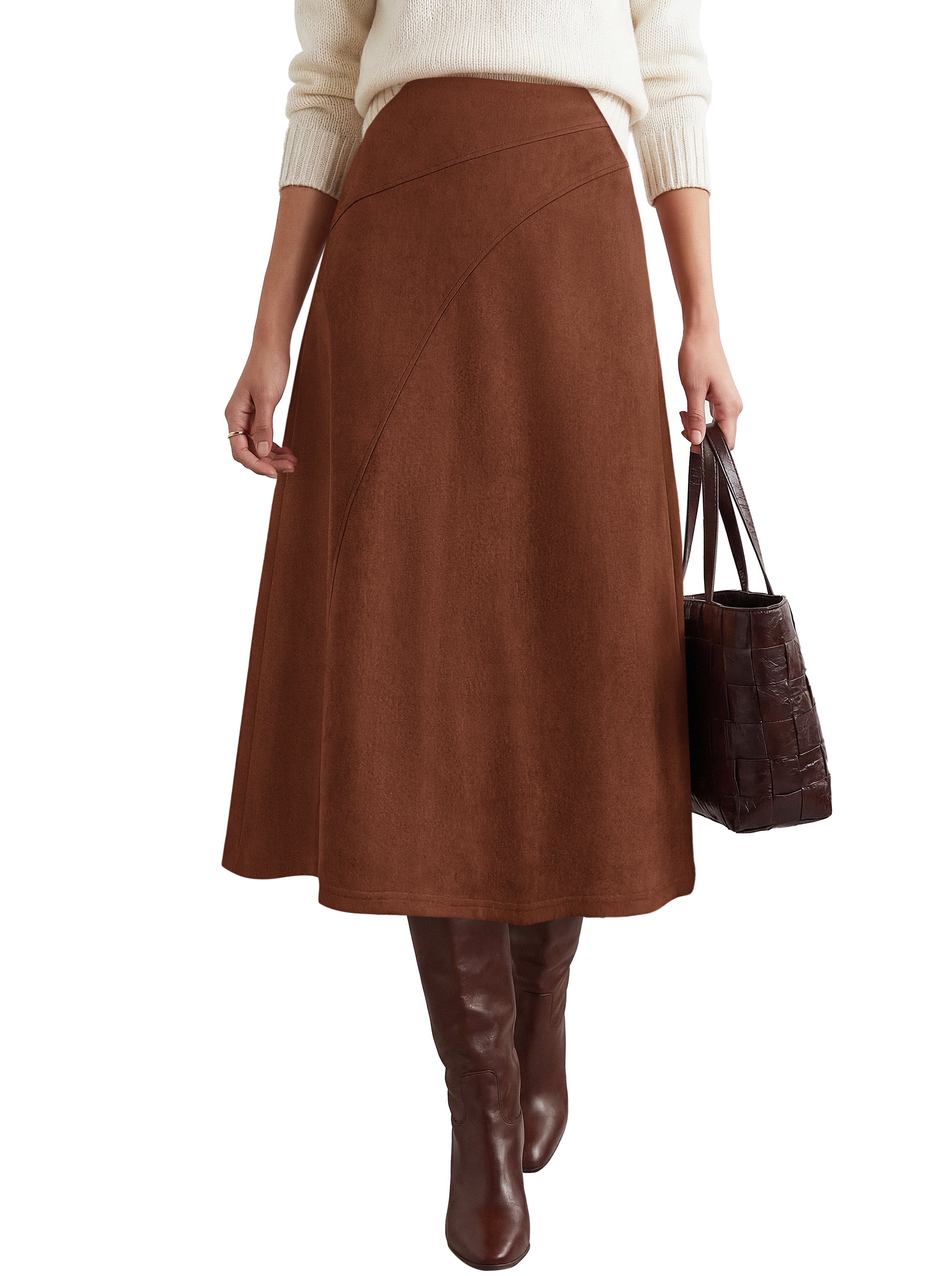 BTFBM Women Faux Suede Midi Long Skirt Fall Fashion 2026 | High Waisted Skirts For Women Trendy, Lightweight, Back Elastic, Arc Line Design, A-Line, Winter Dress, Boho Western Outfits