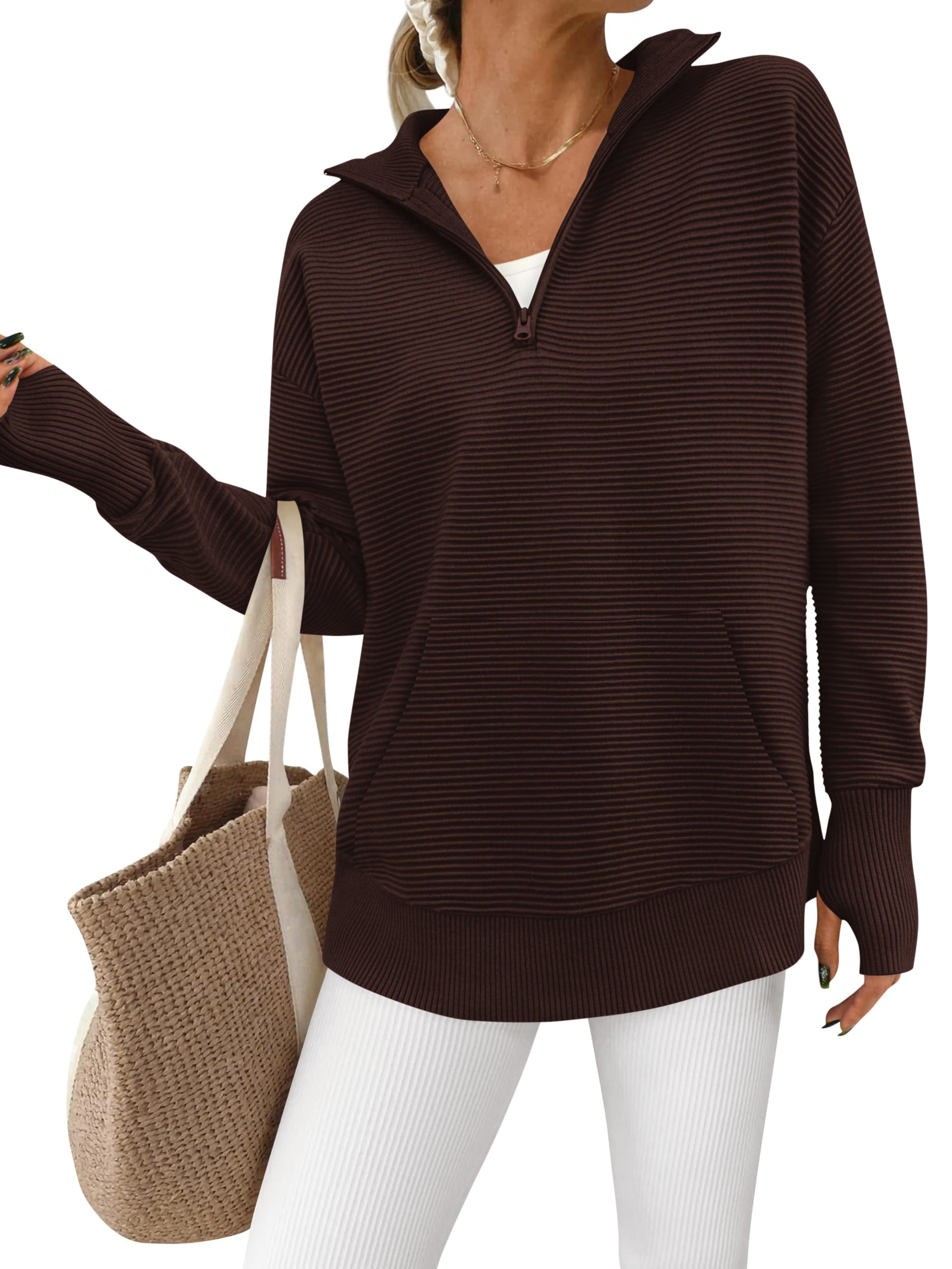 BTFBM Sweaters for Women Fall Clothes 2026 Pocket Quarter Zip Pullover V Neck Long Sleeve Knit Trendy Winter Sweater