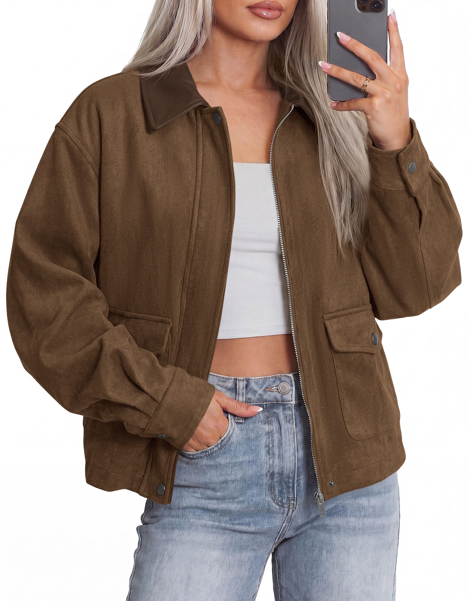 BTFBM Faux Suede Jacket Women Leather Lapel Zip Up Fall Outfits 2026