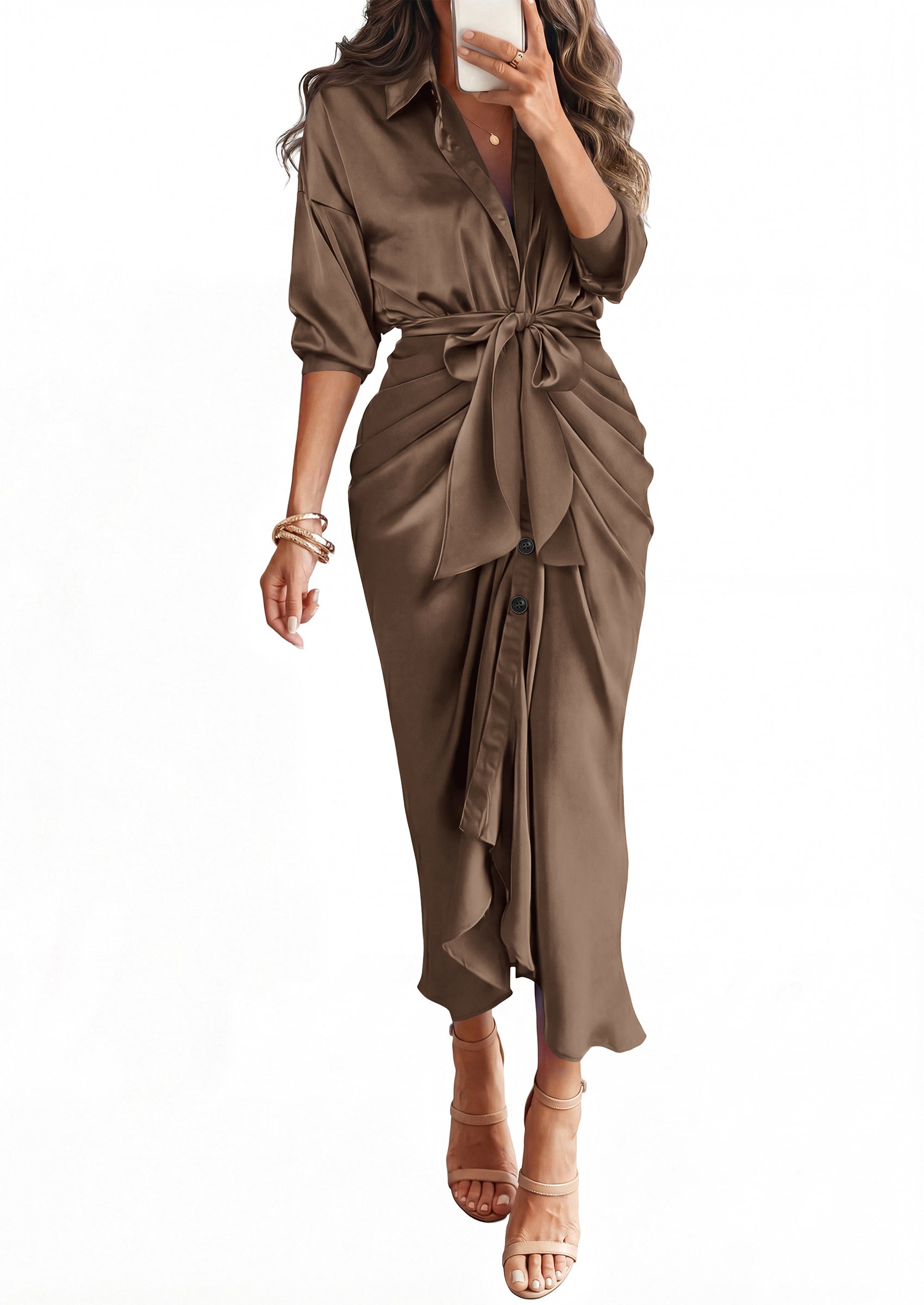 BTFBM Summer Dresses for Women 2026 Long Sleeve V Neck Button Down Elegant Belted Ruched Satin Silk Shirt Fall Dress