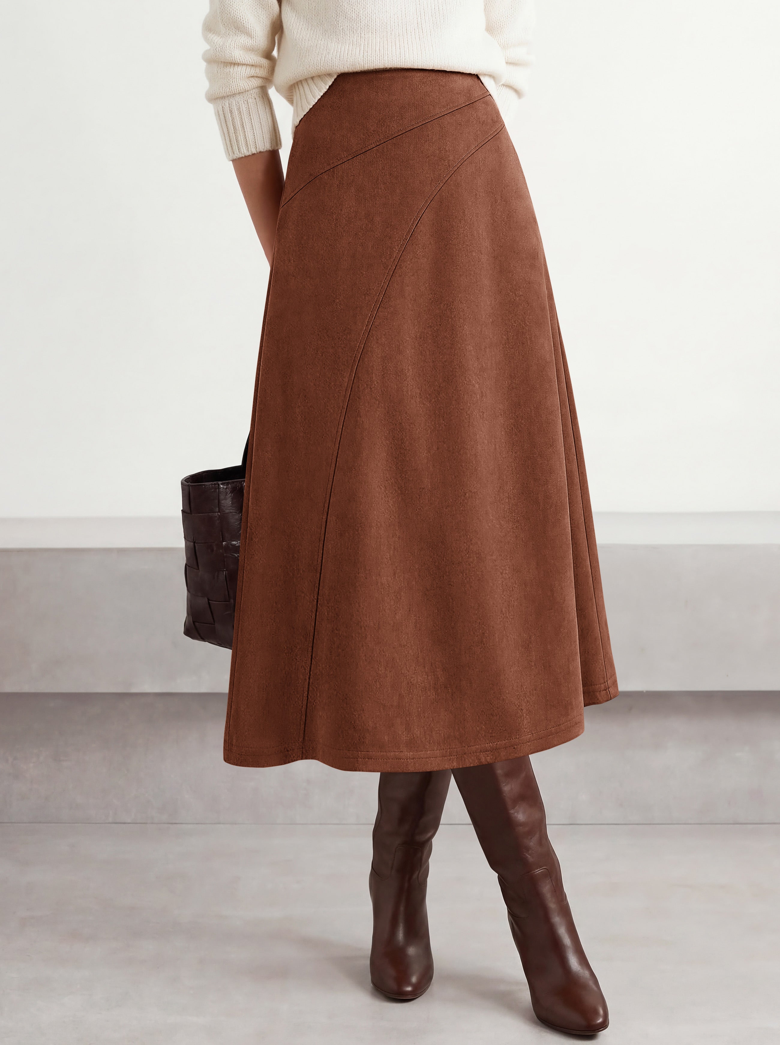 BTFBM Women Faux Suede Midi Long Skirt Fall Fashion 2026 | High Waisted Skirts For Women Trendy, Lightweight, Back Elastic, Arc Line Design, A-Line, Winter Dress, Boho Western Outfits