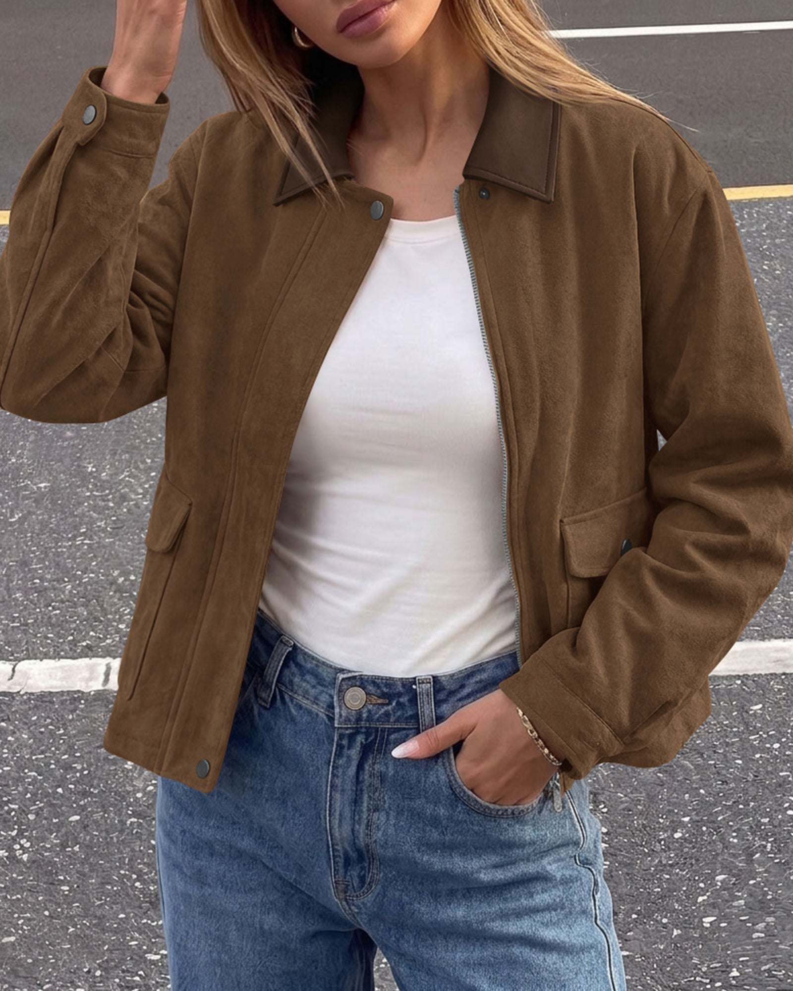 BTFBM Faux Suede Jacket Women Leather Lapel Zip Up Fall Outfits 2026