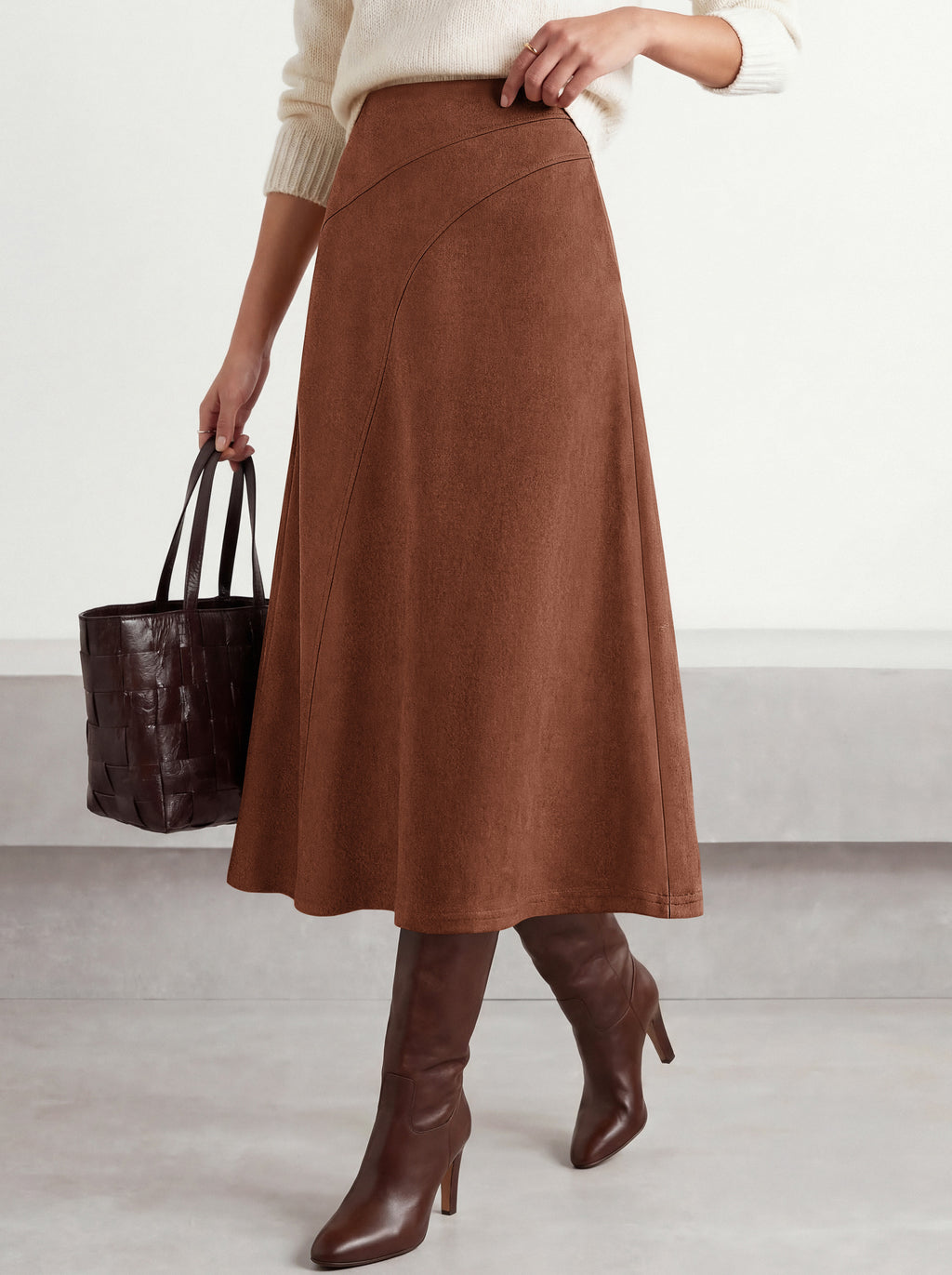 BTFBM Women Faux Suede Midi Long Skirt Fall Fashion 2026 | High Waisted Skirts For Women Trendy, Lightweight, Back Elastic, Arc Line Design, A-Line, Winter Dress, Boho Western Outfits