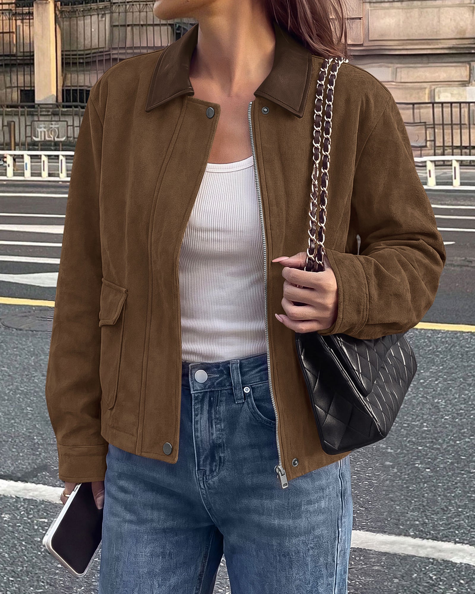BTFBM Faux Suede Jacket Women Leather Lapel Zip Up Fall Outfits 2026