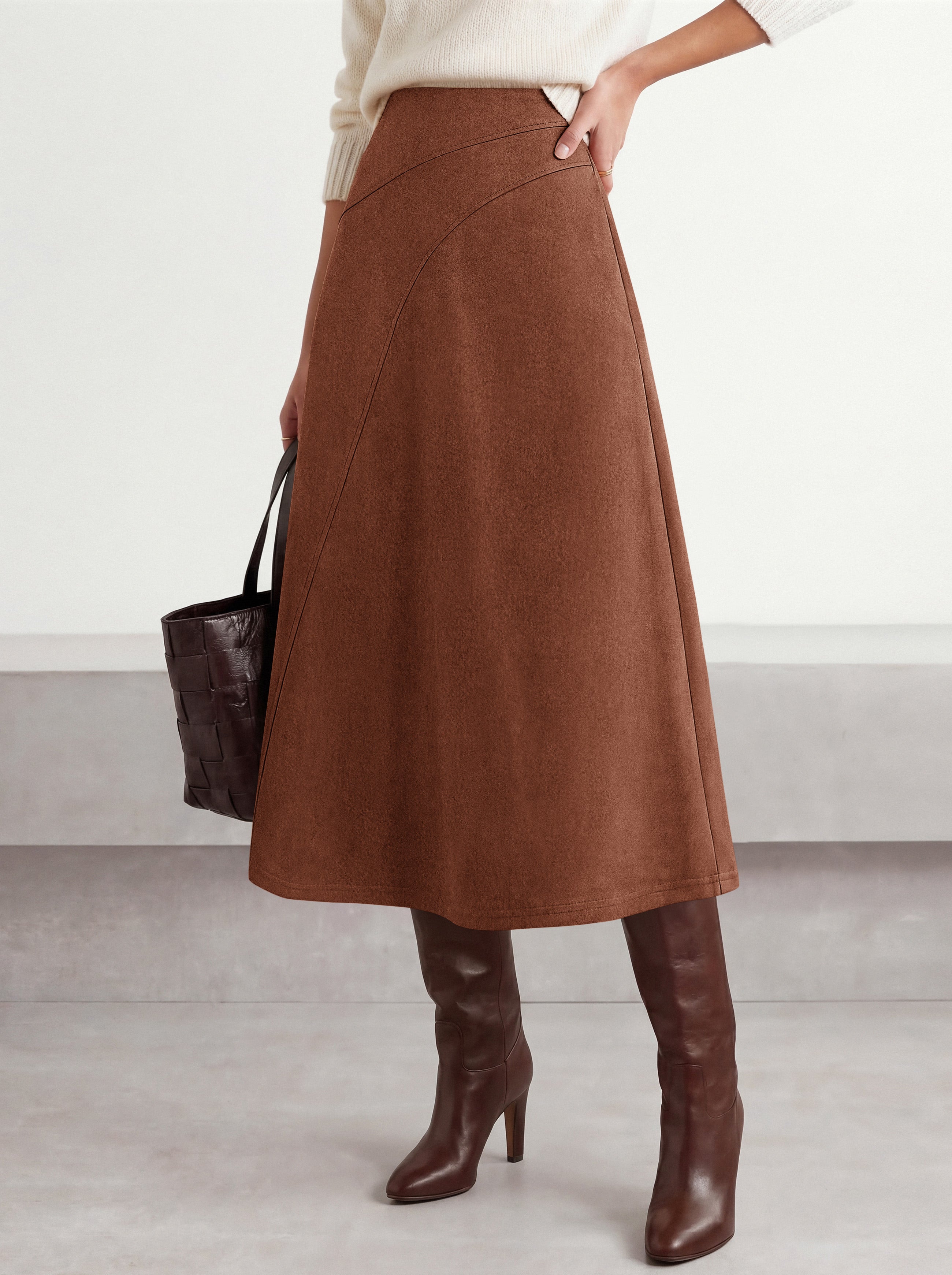 BTFBM Women Faux Suede Midi Long Skirt Fall Fashion 2026 | High Waisted Skirts For Women Trendy, Lightweight, Back Elastic, Arc Line Design, A-Line, Winter Dress, Boho Western Outfits