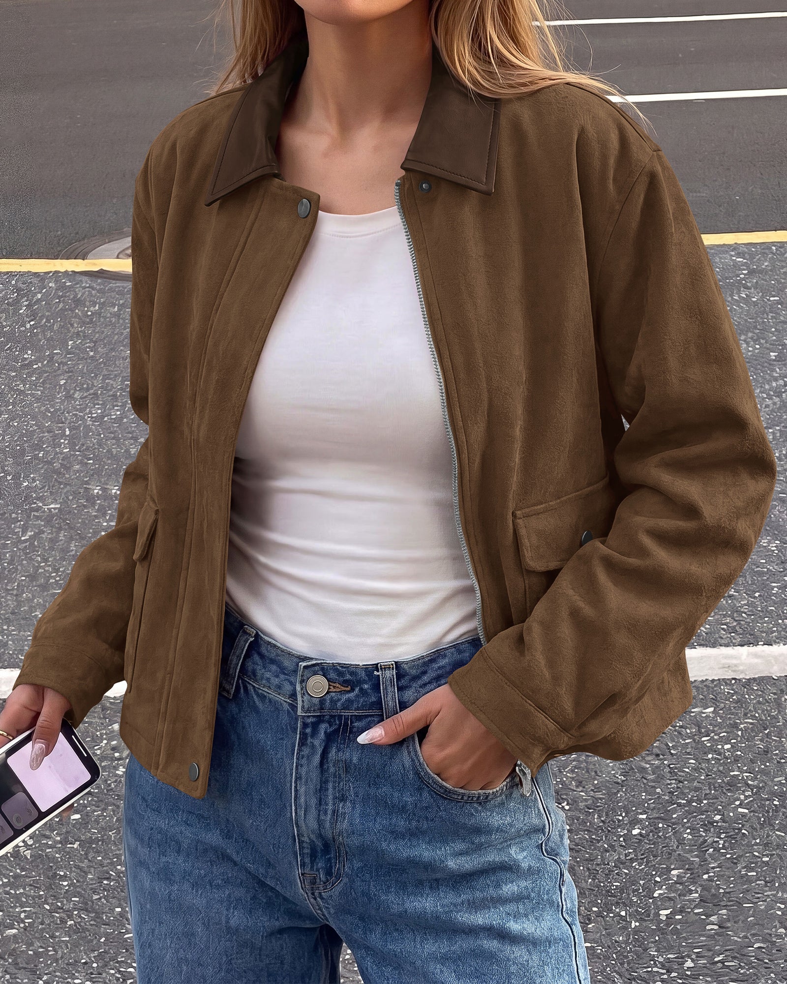 BTFBM Faux Suede Jacket Women Leather Lapel Zip Up Fall Outfits 2026