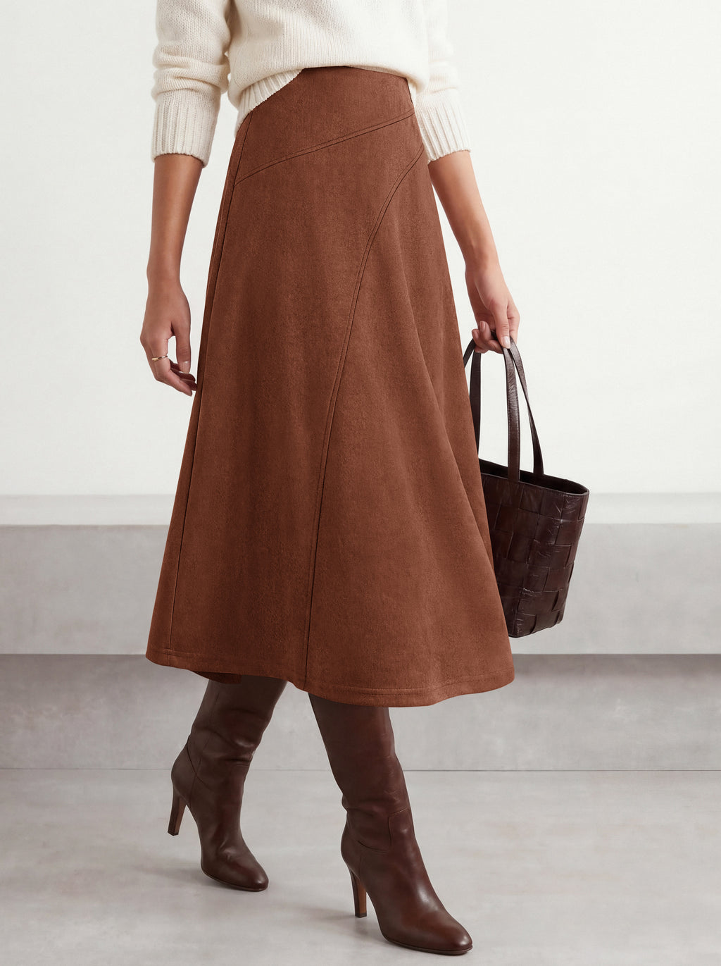BTFBM Women Faux Suede Midi Long Skirt Fall Fashion 2026 | High Waisted Skirts For Women Trendy, Lightweight, Back Elastic, Arc Line Design, A-Line, Winter Dress, Boho Western Outfits