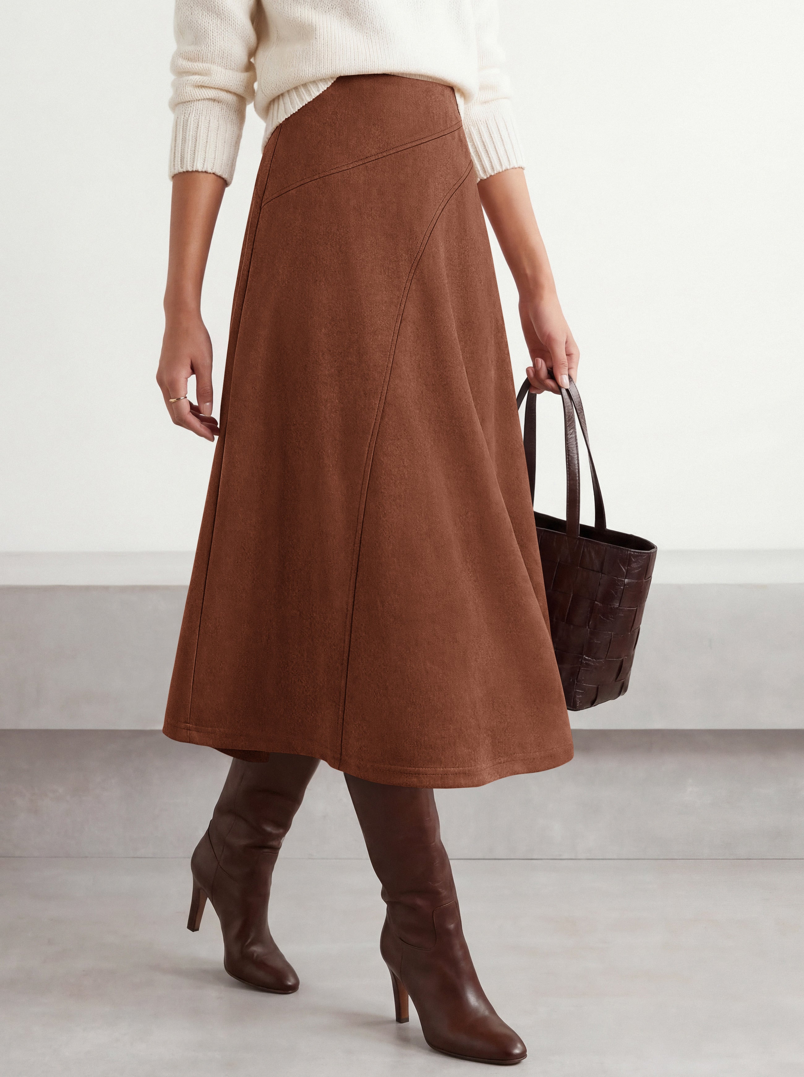BTFBM Women Faux Suede Midi Long Skirt Fall Fashion 2026 | High Waisted Skirts For Women Trendy, Lightweight, Back Elastic, Arc Line Design, A-Line, Winter Dress, Boho Western Outfits
