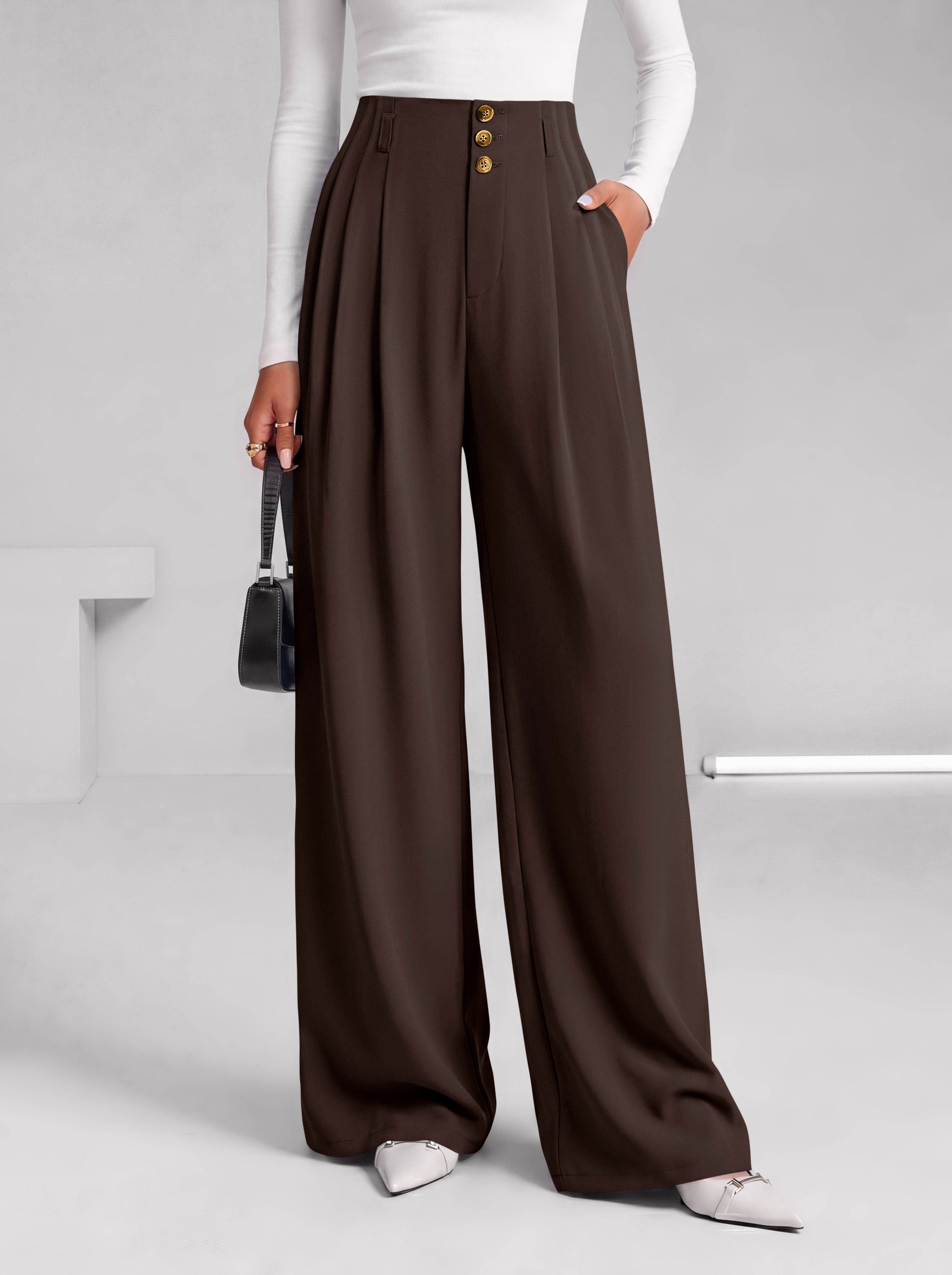 BTFBM Wide Leg Dress Pants Women Business Casual Outfits | Elastic High Waisted Palazzo Pants, Button Zip Up Closure, Pleated Office Work Trousers With Pockets, Fall Fashion 2026