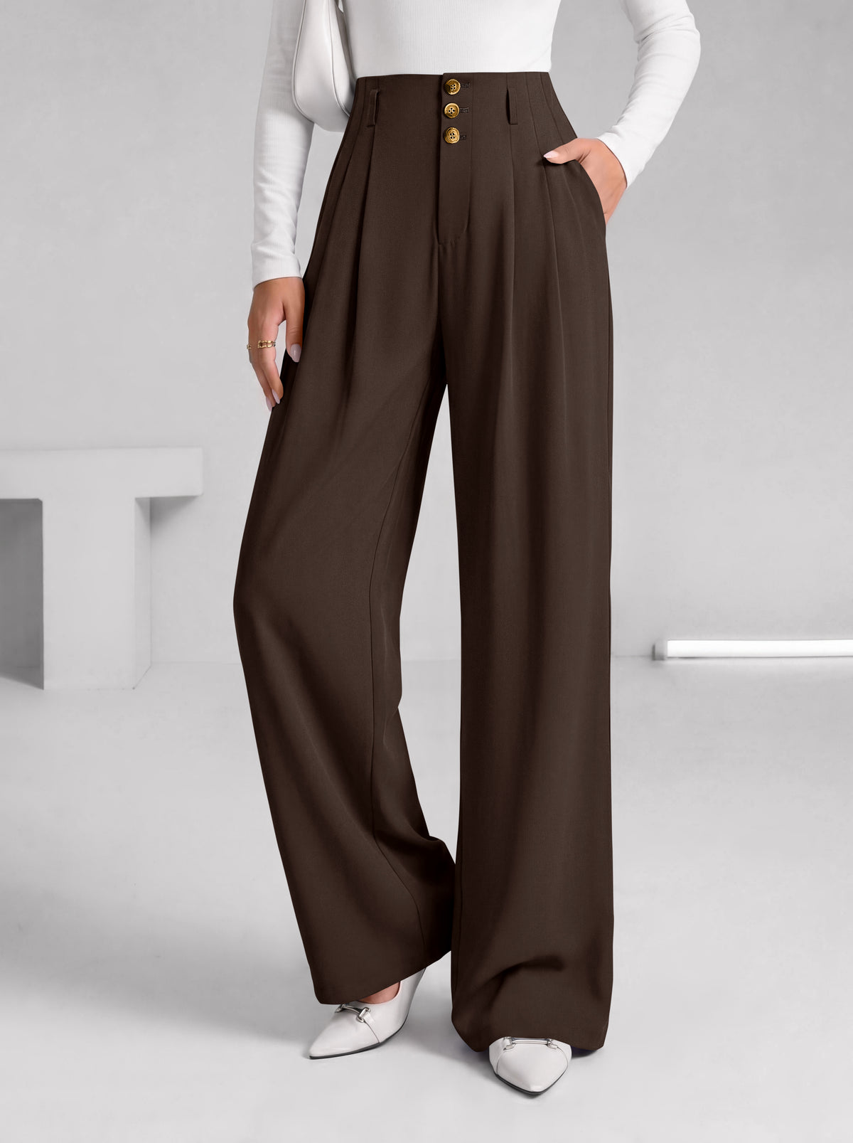 BTFBM Wide Leg Dress Pants Women Business Casual Outfits | Elastic High Waisted Palazzo Pants, Button Zip Up Closure, Pleated Office Work Trousers With Pockets, Fall Fashion 2026
