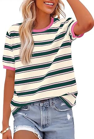 BTFBM Summer Tops for Women 2025 Crewneck Short Sleeve Striped T Shirts Casual Spring Clothes Color Block Basic Tee Blouses