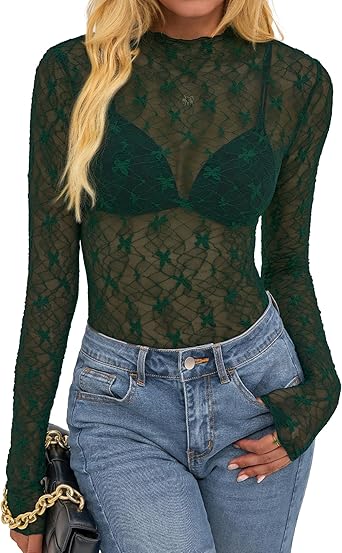 BTFBM Lace Tops for Women 2025 See Through Mesh Top Crew Neck Long Sleeve Fitted Sheer Party Club Outfits Fall Fashion