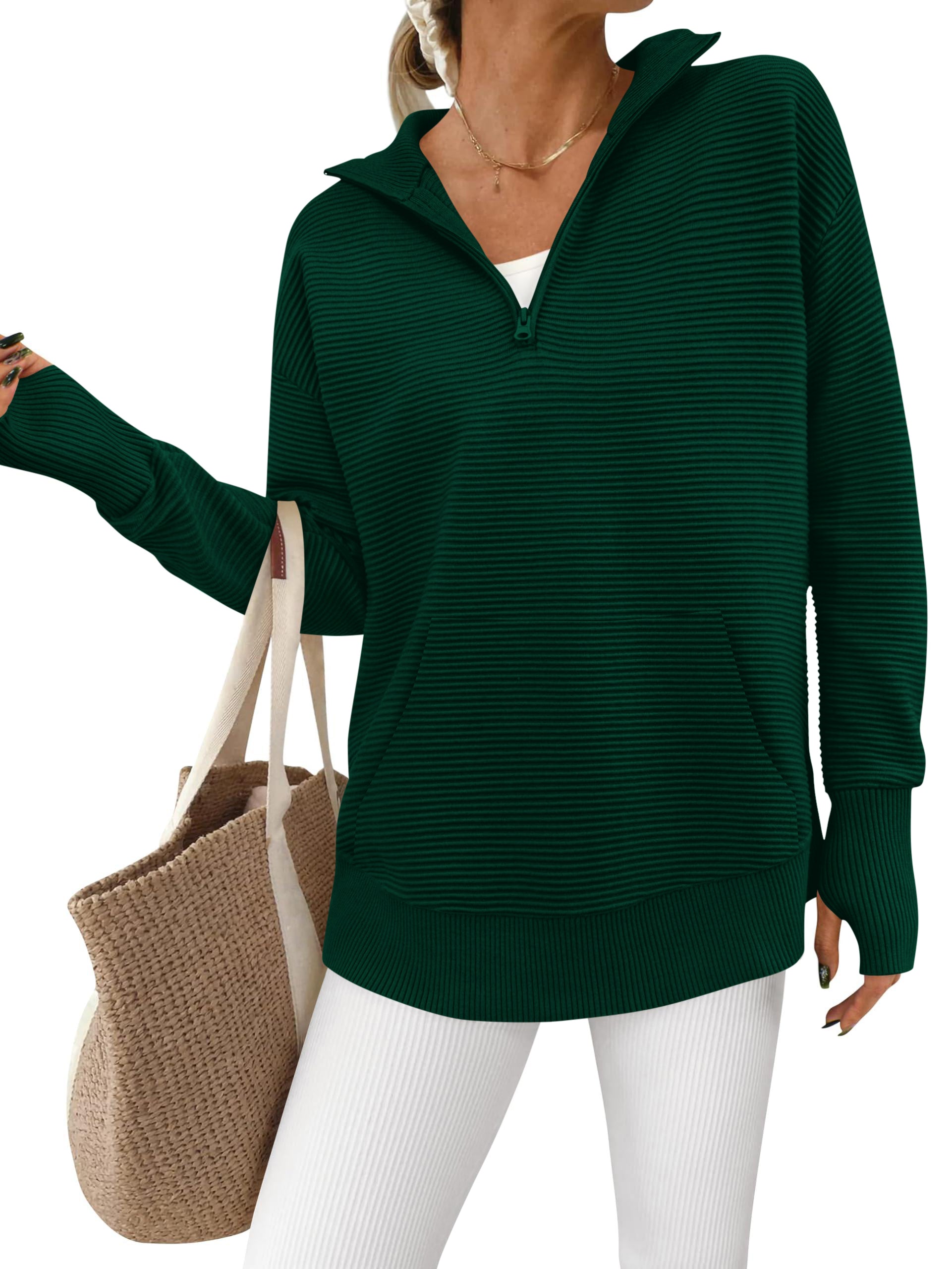 BTFBM Sweaters for Women Fall Clothes 2026 Pocket Quarter Zip Pullover V Neck Long Sleeve Knit Trendy Winter Sweater