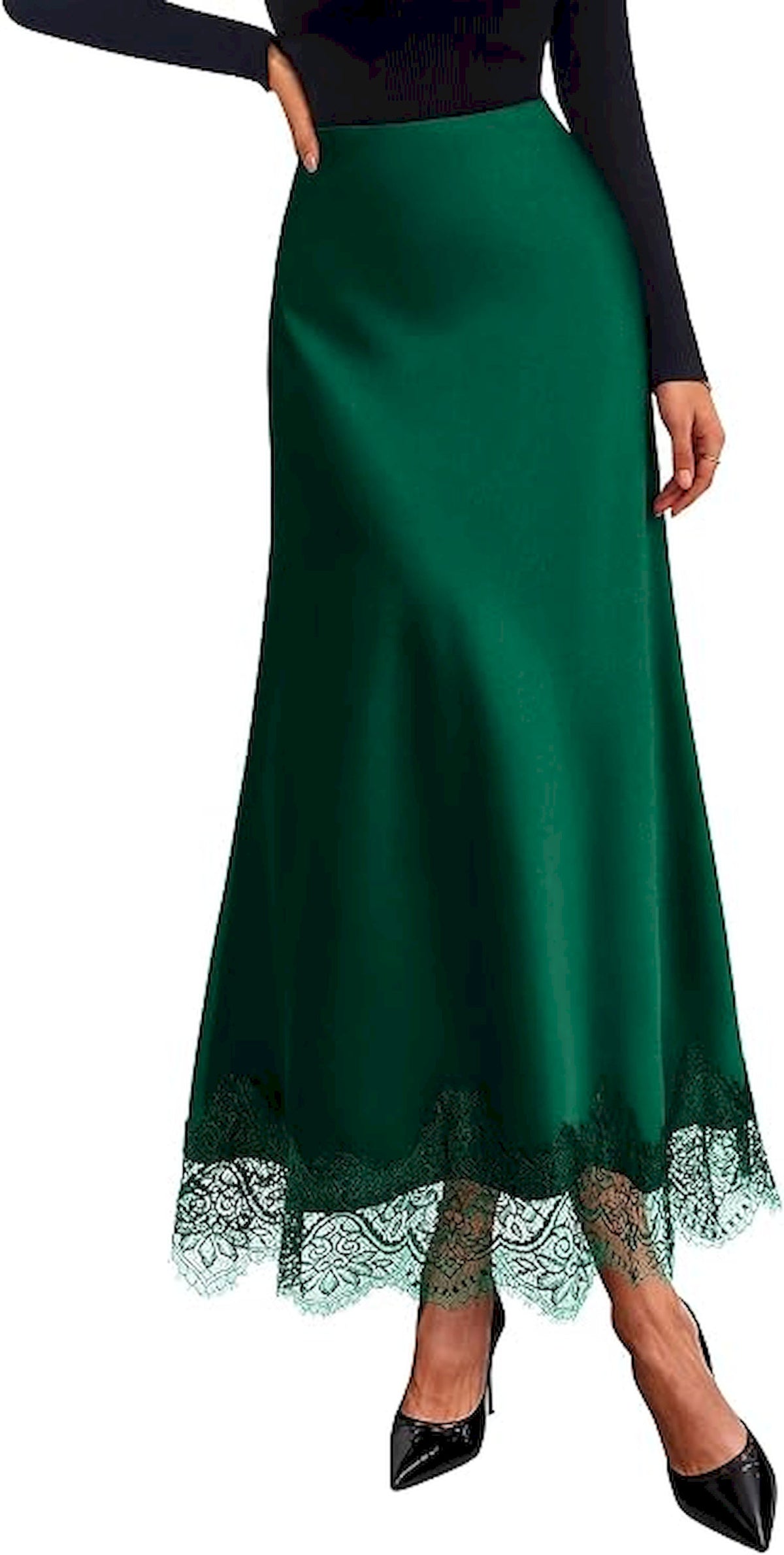 BTFBM Lace Trim Satin Skirts for Women Elegant | High Waisted,Maxi Skirt,Cocktail Party Wedding Guest,Summer Fall Outfits