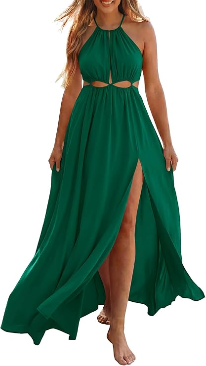 BTFBM Women Halter Summer Dresses 2026 Sleeveless Cutout Backless Sundress Slit Boho Maxi Beach Wedding Guest Dress