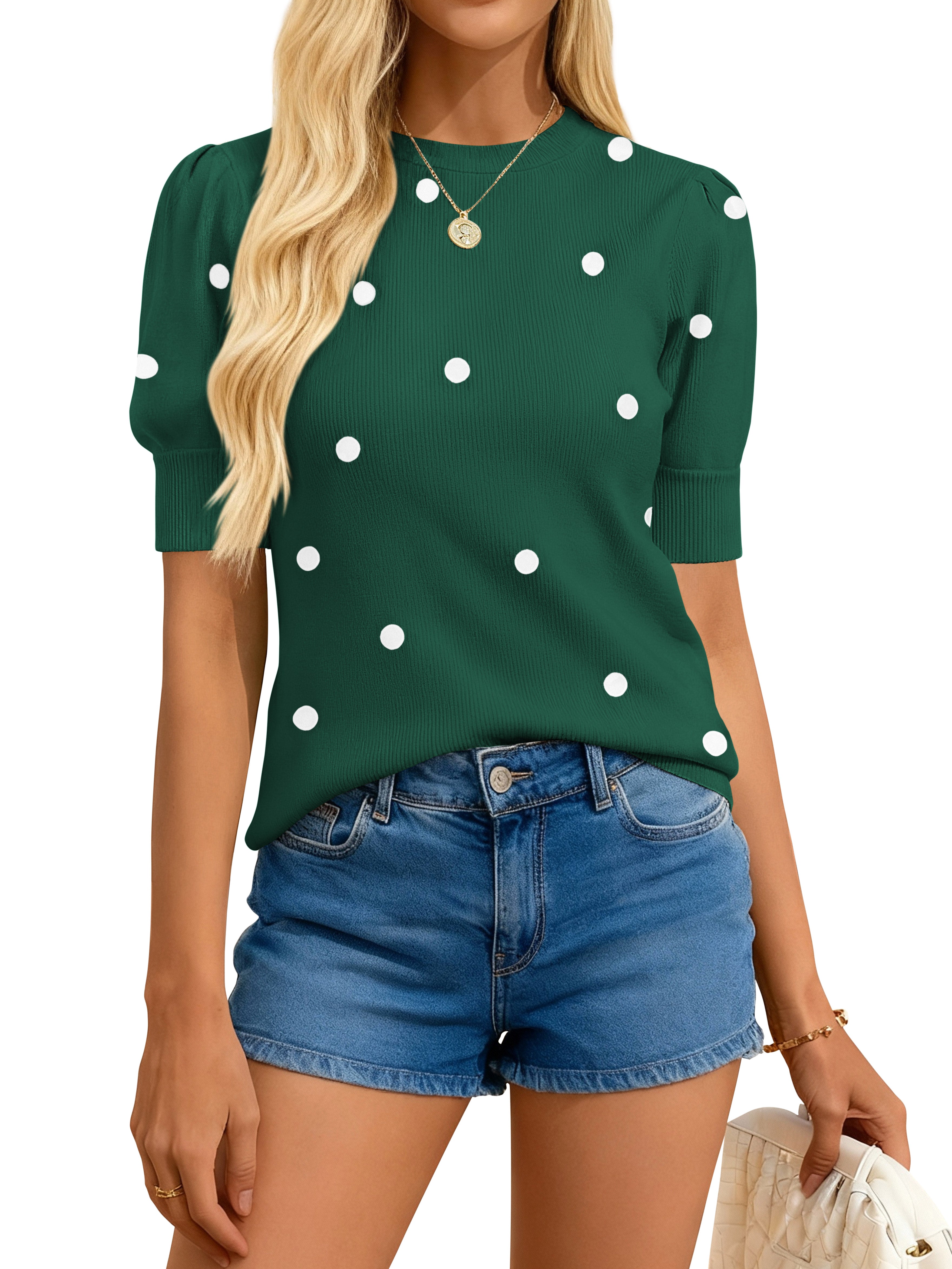 BTFBM Womens Sweaters Polka Dot Short Sleeve Sweater for Women Crew Neck Knit Summer Tops Business Dressy Casual Blouses