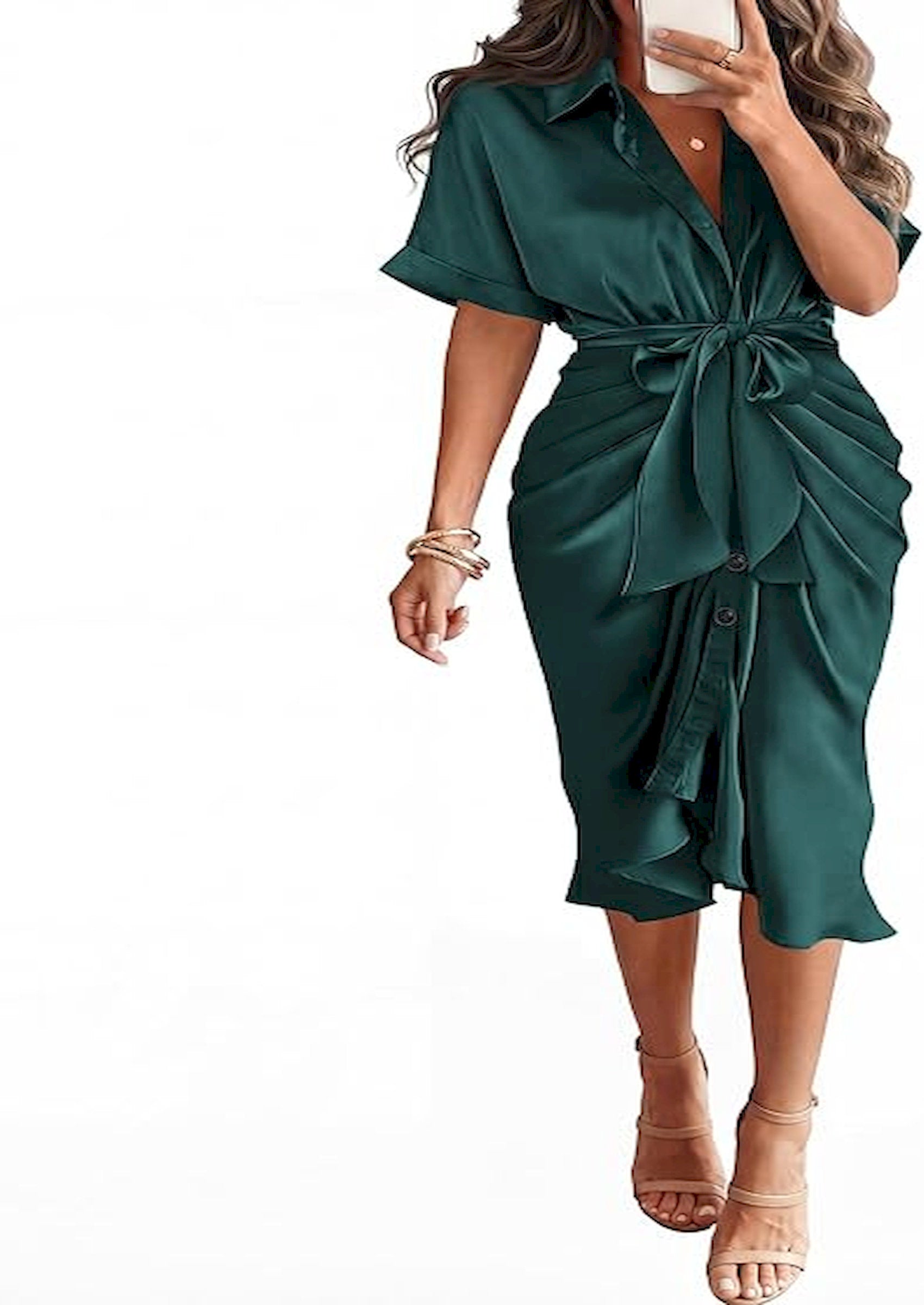 BTFBM Dresses for Women Summer Button Short Sleeve Silk Satin Ruched Spring Maxi Dress 2026 Cocktail Party Wedding