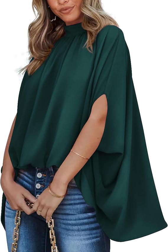 BTFBM Womens Summer Tops 2026 Mock Neck Batwing Sleeve Silk Satin Shirts Loose Oversized Dressy Casual Spring Blouses
