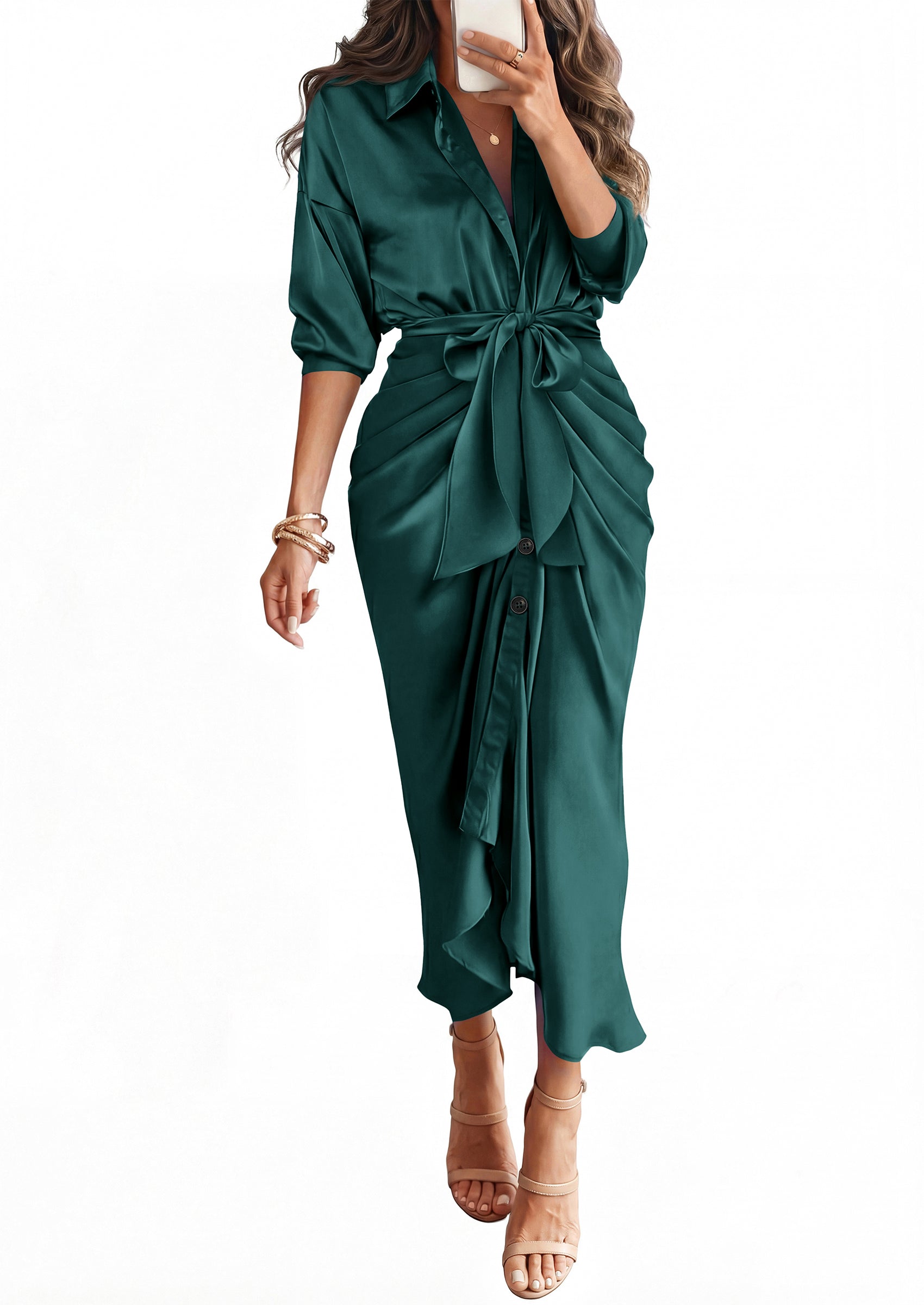 BTFBM Summer Dresses for Women 2026 Long Sleeve V Neck Button Down Elegant Belted Ruched Satin Silk Shirt Fall Dress