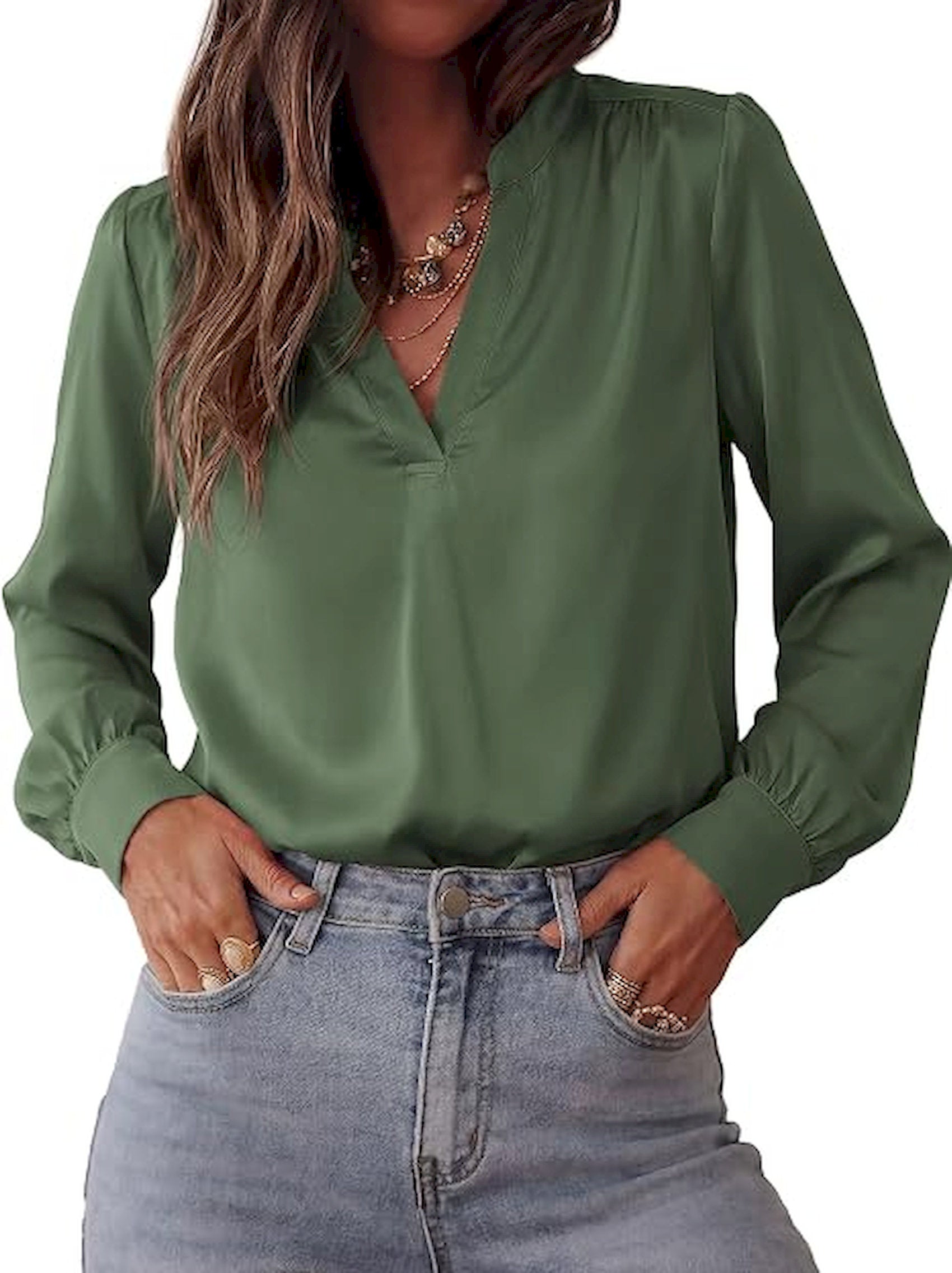 BTFBM Satin Blouses for Women Dressy Casual | Lightweight,V Neck,Long Sleeve Tops,Going Out Outfits,Fall Fashion Clothing