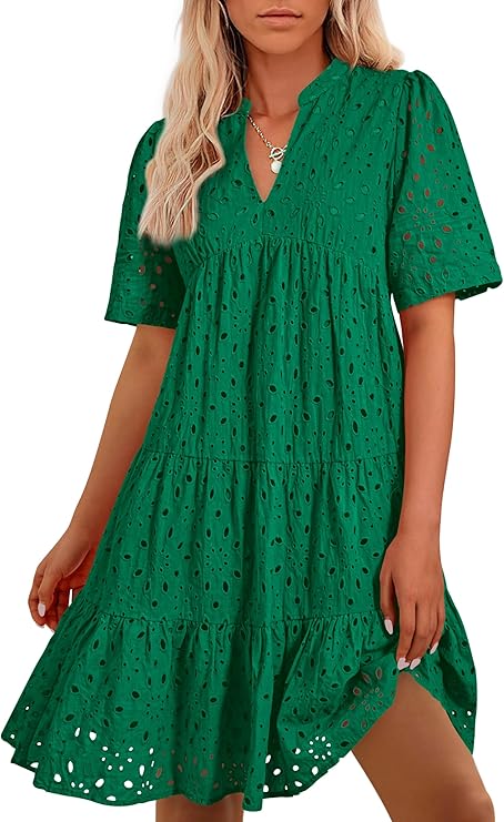 BTFBM Womens Boho Summer Dresses 2026 Spring V Neck Short Sleeve Hollow Out Lace Ruffle Casual Beach Mini Vacation Dress