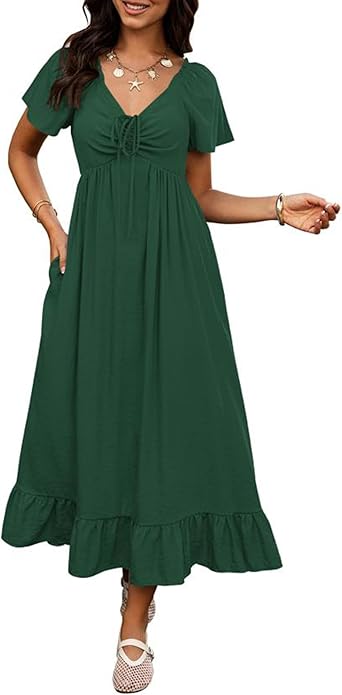 BTFBM Womens Spring Dresses 2025 Casual Short Sleeve V Neck Drawstring Wedding Guest Maxi Dresses Boho Beach Long Dress