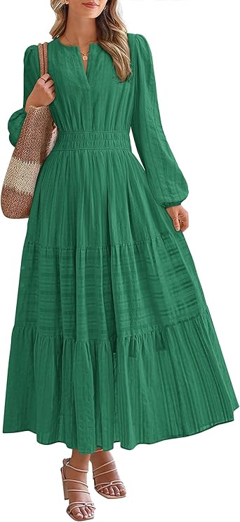 BTFBM Fall Dresses for Women 2025 Casual Long Sleeve V Neck Elastic Waist Lightweight Maxi Wedding Guest Dress Pockets