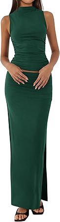 BTFBM Womens Two Piece Outfits Summer Lightweight 2026 Mock Neck Sleeveless Knit Tops Maxi Skirt Set Going Out Dress