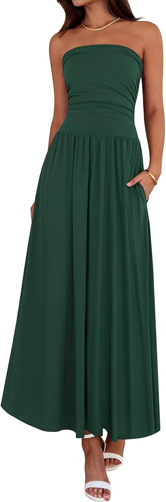 BTFBM Summer Maxi Dresses for Women 2026 Strapless Ruched Tube Top Beach Vacation Spring Wedding Guest Dress Pockets